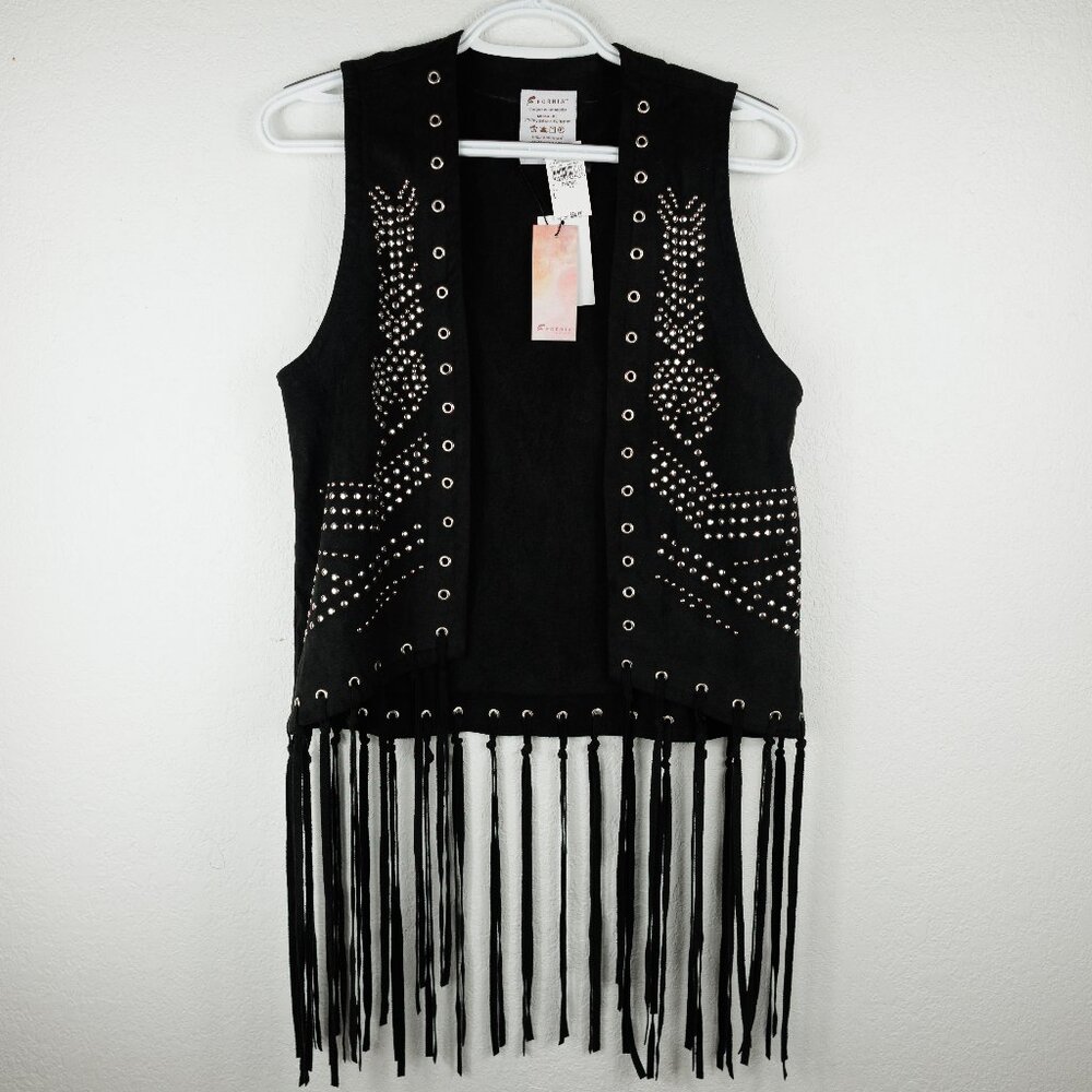 Fornia Women’s Vegan Suede Fringe Vest Large Black Studded Western Rodeo Coastal